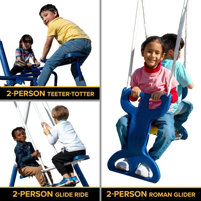 Sportspower Super 9 Metal Swing Set With Teeter Totter, 2 Person Glide Ride Swing,  Standing Swing, 2 Person Roman Glider Swing, Trapeze Bar, 1 Blow Molded Swing And 5' Slide With Lifetime Warranty, Bonus 4pc Anchor Kit Included