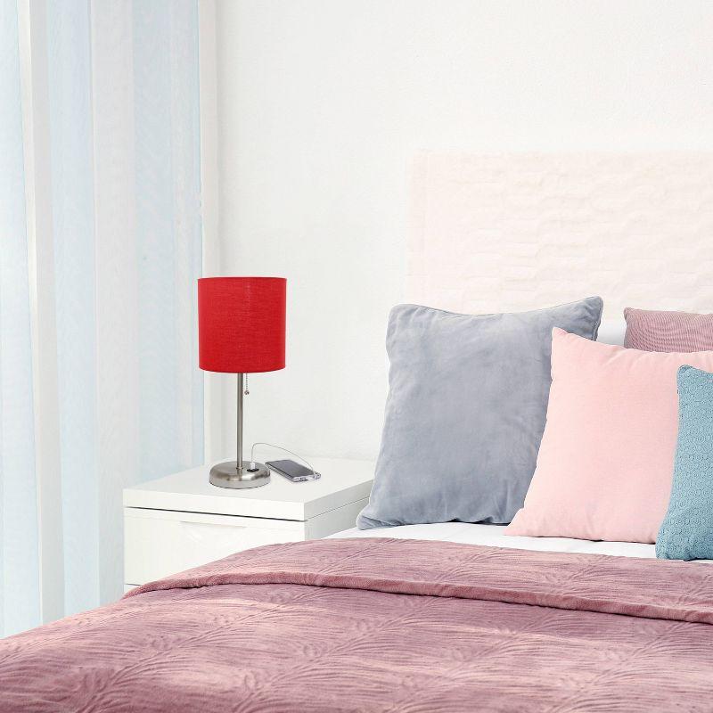 Creekwood Home 19.5" Bedside USB Port Feature Metal Table Desk Lamp Brushed Steel with Red Fabric Shade