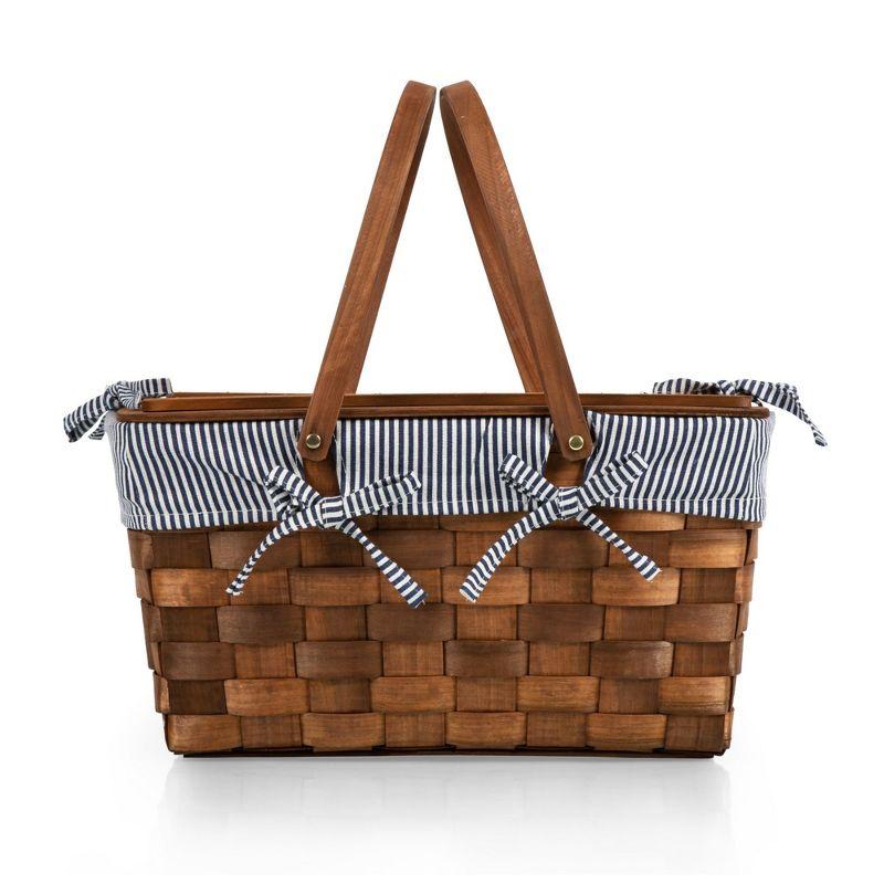 Picnic Time Kansas Handwoven Wood Picnic Basket with Navy Blue and White Stripe