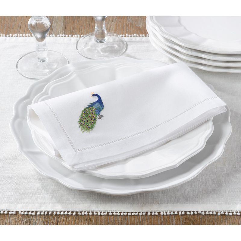 White Cotton Hemstitch Peacock Embroidered Table Napkins Set