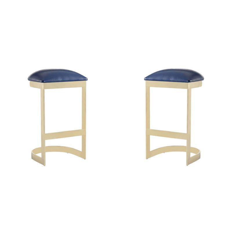 Aura 30'' Blue Faux Leather and Polished Brass Metal Barstool Set