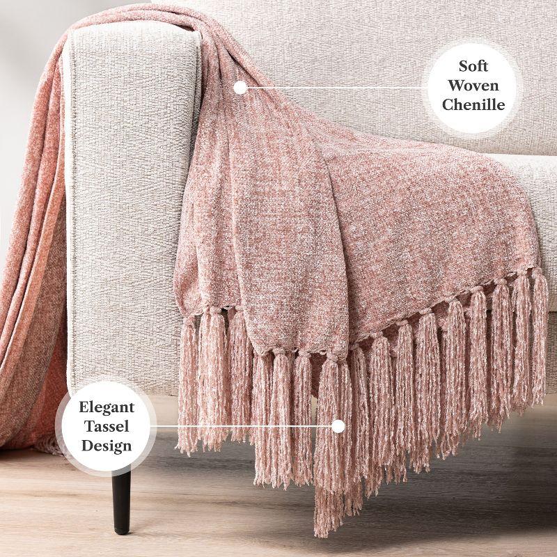 Blush Pink Chenille Knitted Reversible Throw Blanket with Tassel Fringe