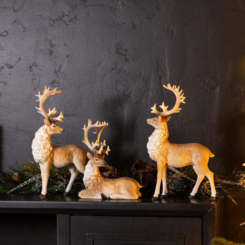 Glittered Beige and White Resin Deer Figurines Set