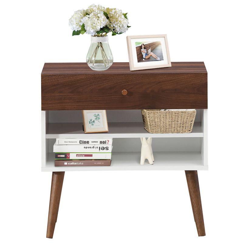 Costway 2PCS Nightstand End Side Table Drawer Storage Shelf Mid-Century Rubber Wood Leg