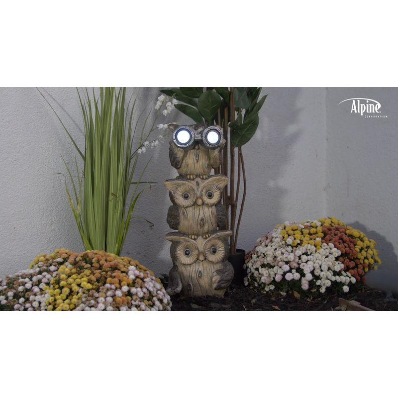 Solar Three Stacked Binocular Owls Polyresin Statue with LED Lights - Alpine Corporation: Garden Decor Sculpture with NiMH Battery