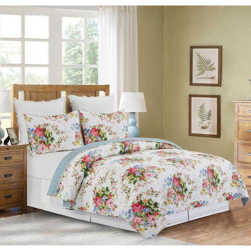 Cottage Rose Blue Floral Reversible Cotton Twin Quilt Set