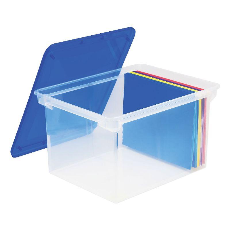 Clear and Blue Plastic File Storage Tote with Snap-On Lid