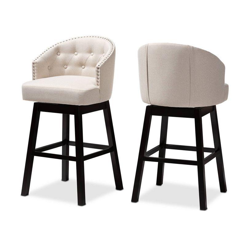 Set of 2 Theron Swivel Barstools Beige: Upholstered with Back, Rubberwood Frame - Baxton Studio