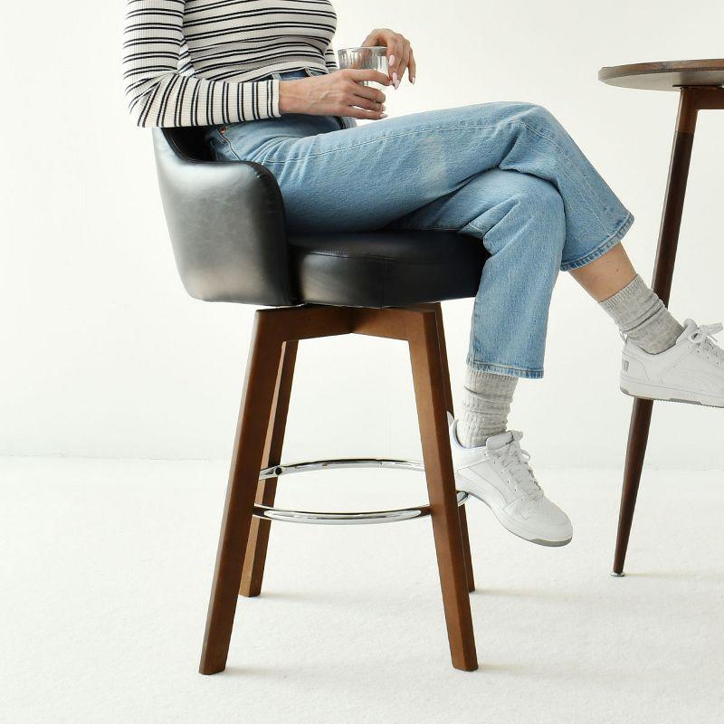 26.5" Edward Armrest Black Faux Leather Thick Seat 360° Swivel Counter Height Barstool Combine with Rubberwood Legs and Silver Footrest-Maison Boucle