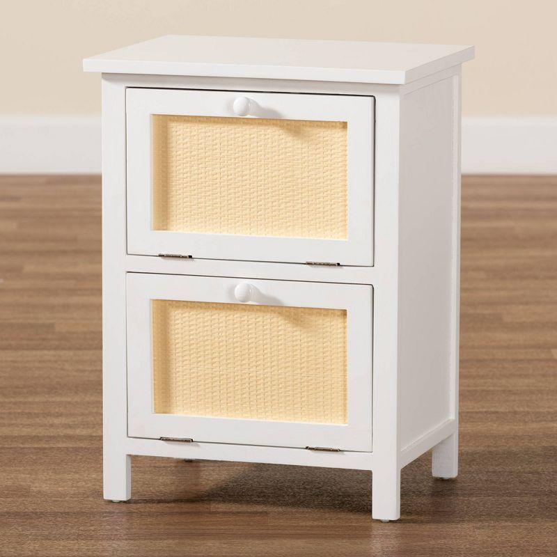 Sariah Wood Rattan 2 Door Nightstand White - Baxton Studio: Bohemian Style, Bedside Storage, No Assembly Required