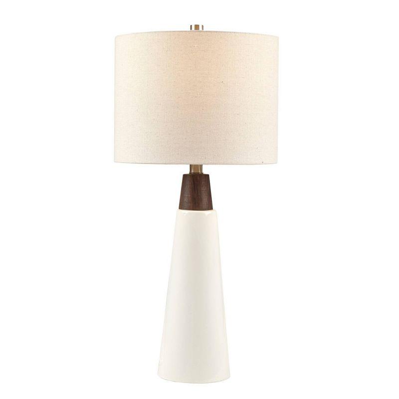 White Ceramic and Wood Table Lamp with Drum Shade