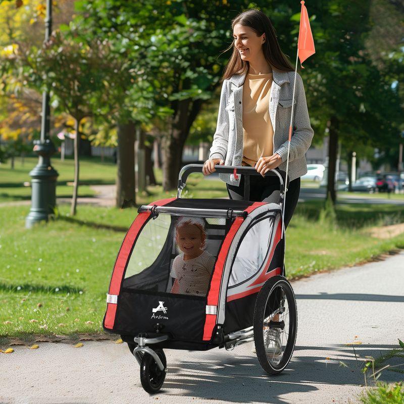 Aosom 3-in-1 Walk/Jog/Ride Child Baby Bike Trailer for Kids 2 Seater, Bike Stroller for Toddler Wagon, Double Bicycle Trailer Accessory for Kids, Red