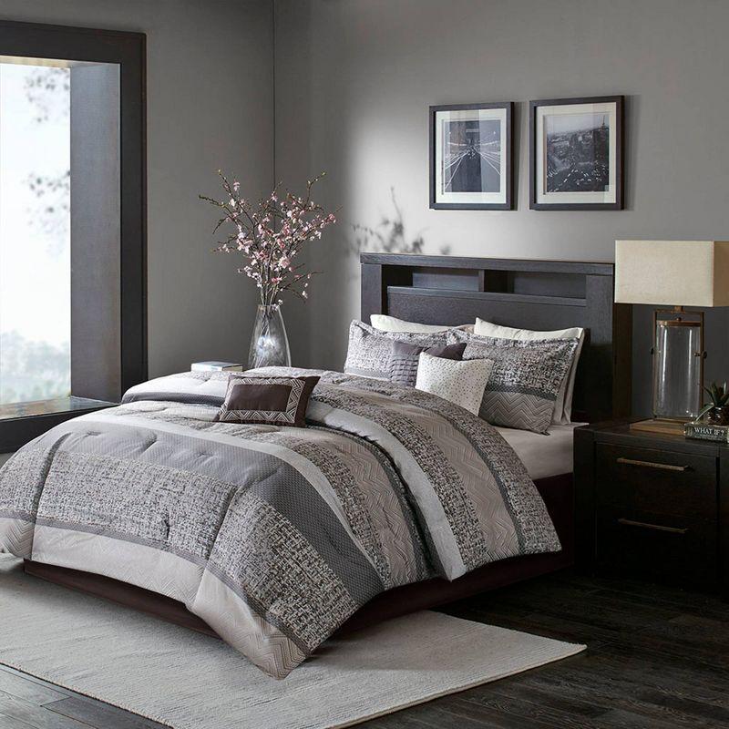 King Grey and Taupe Jacquard Comforter Set with Decorative Pillows