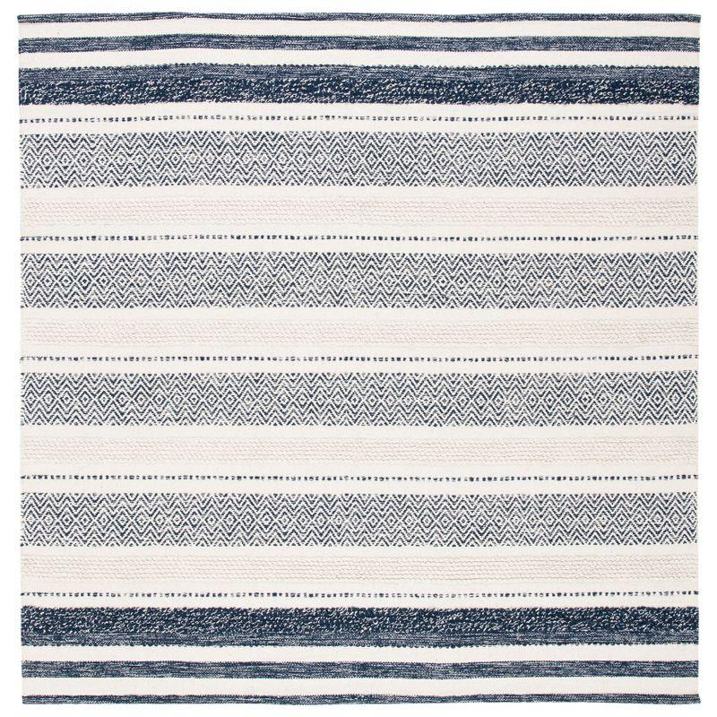 Ivory and Multi-Color Striped Kilim 7' Square Wool & Cotton Rug