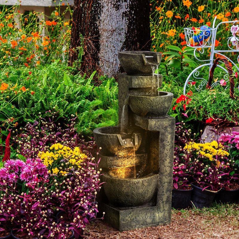 Rustic Gray Stone Look 4-Tier Outdoor Fountain with LED Lights