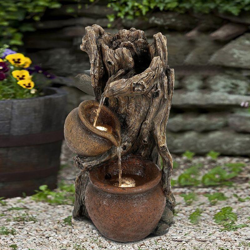 LuxenHome Brown Resin Tree Farmhouse Pots Outdoor Fountain with Lights