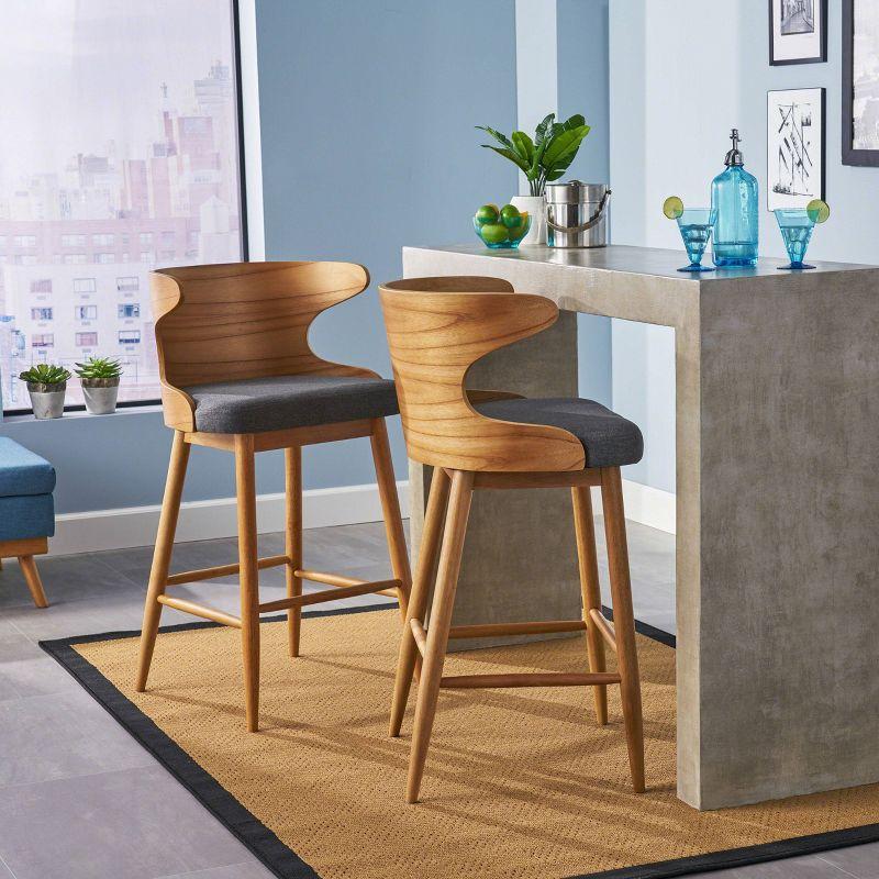 Kamryn Plush Cushioned Gray Wood Mid Century Modern Barstool Set