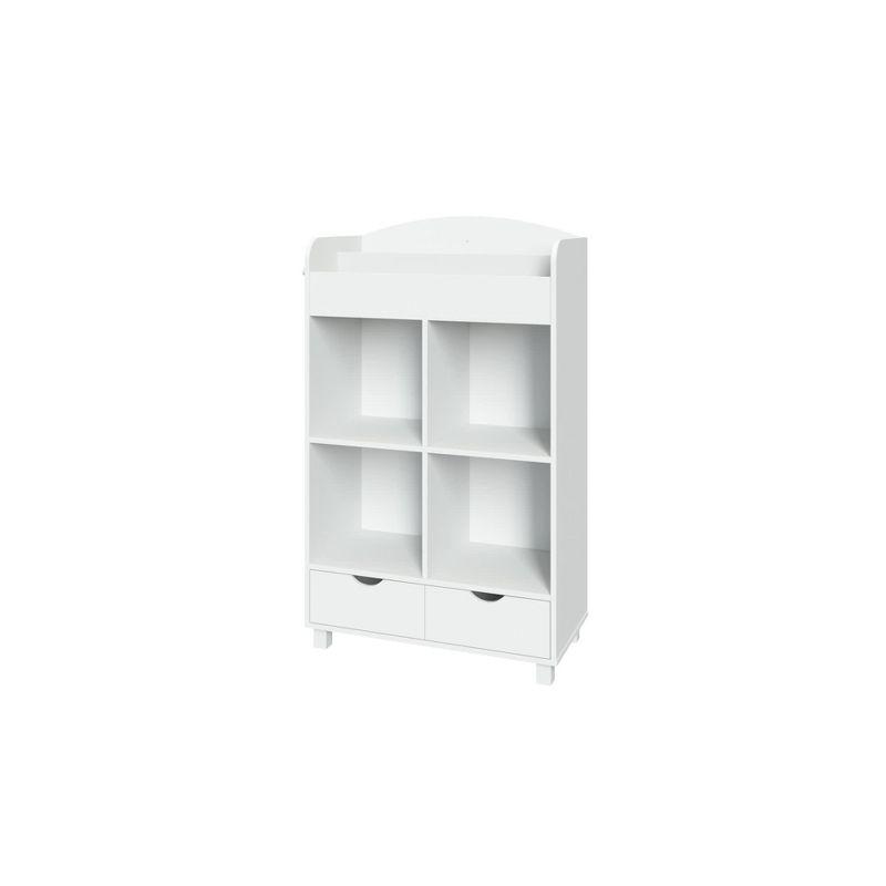 RiverRidge Kids Book Nook Cubby Toy Storage Cabinet with Bookshelf, Drawers, and Hooks - White with 2 Fabric Bins