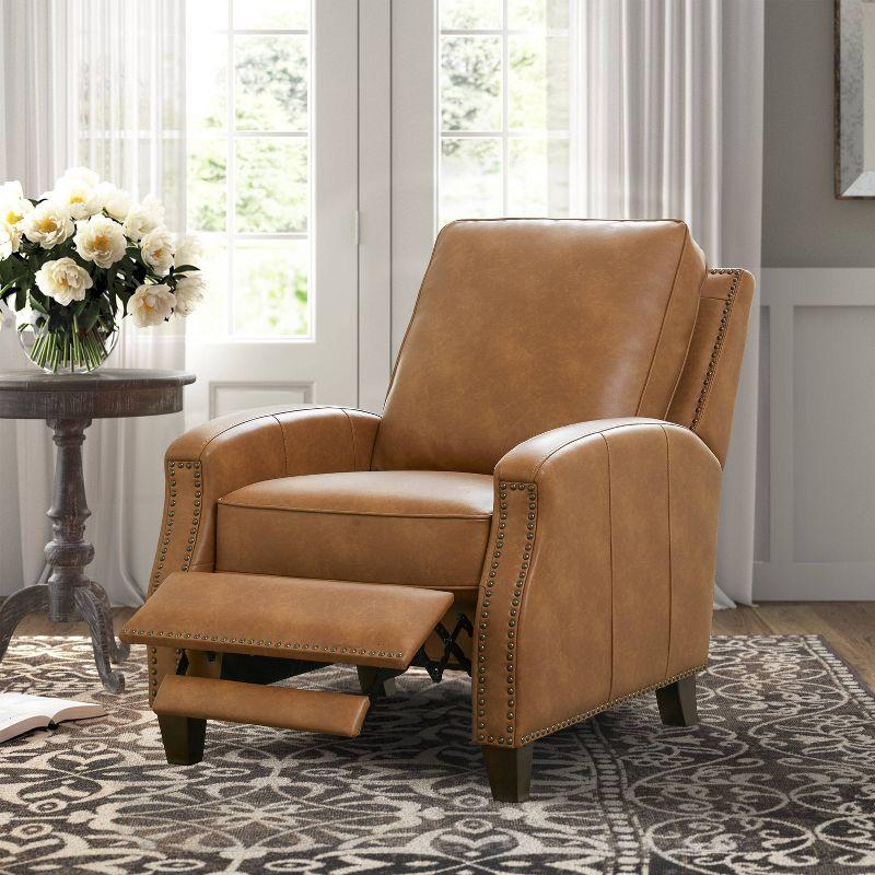 Saddle Brown Faux Leather Push Back Recliner with Nailhead Trim