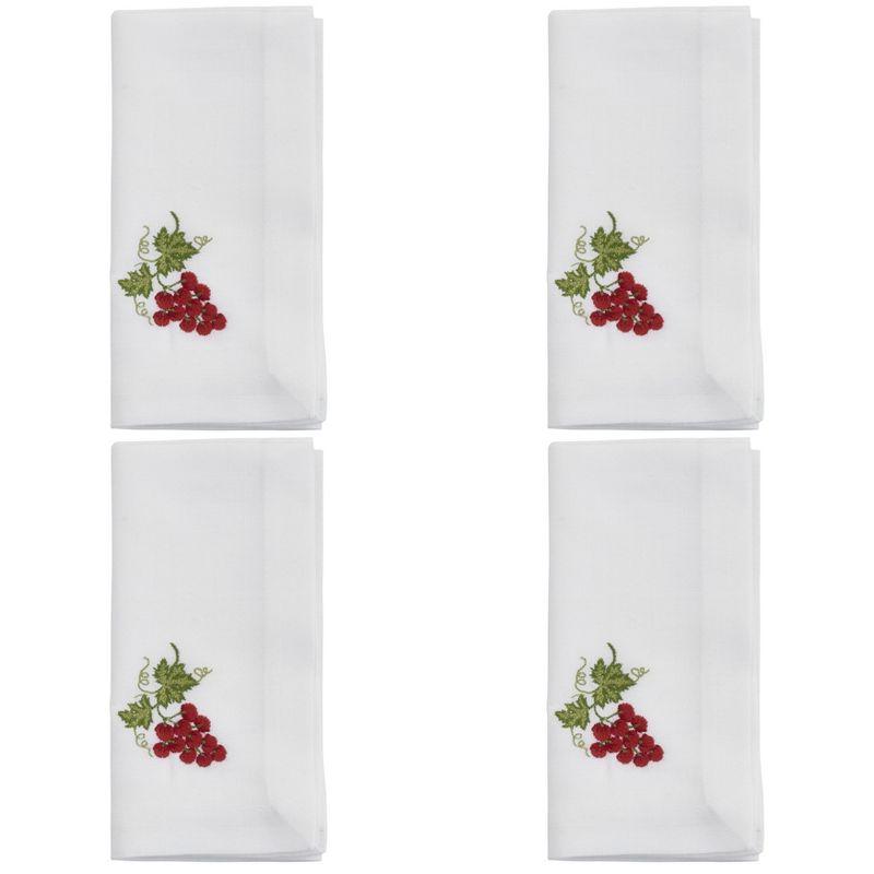 White Cotton Table Napkins with Embroidered Grapes Design, Set of 4