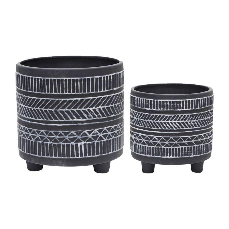 Black Tribal Ceramic Footed Planter Set, 6/8 Inch