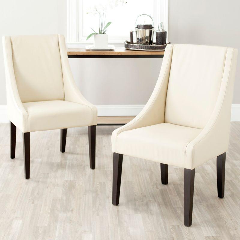 Cream Upholstered Leather Parsons Side Chair with Wood Legs