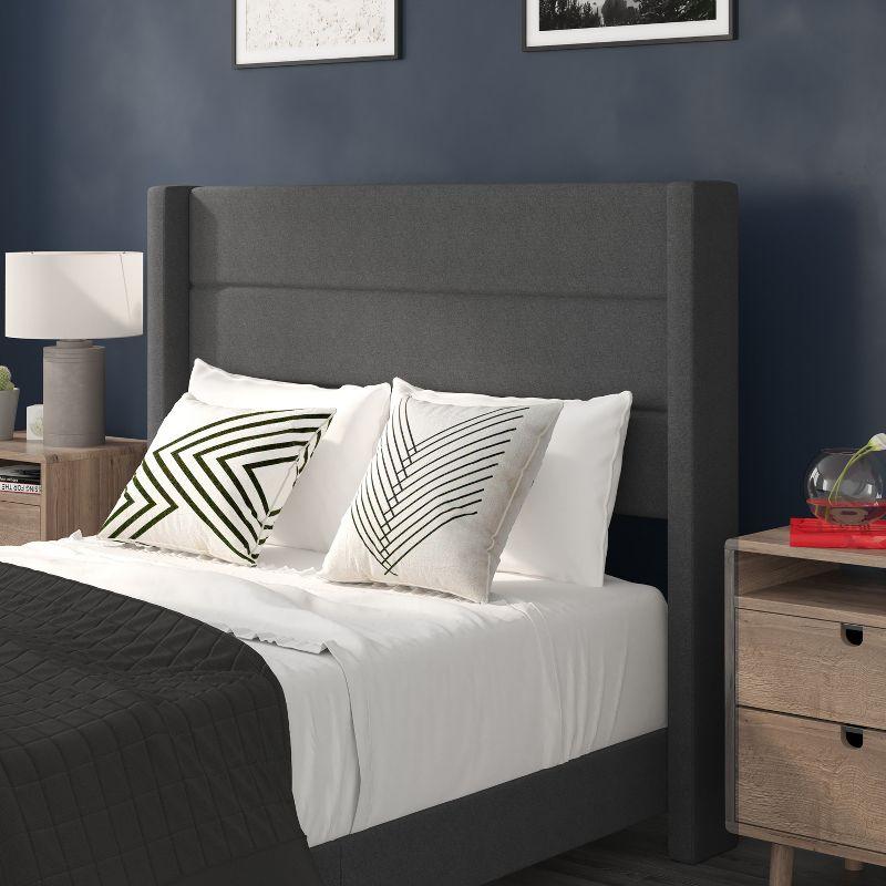 Charcoal Faux Linen Full Platform Bed with Wingback Headboard