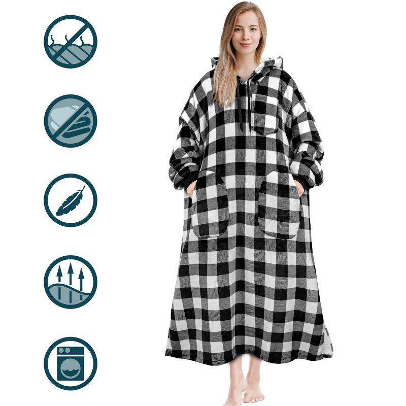 PAVILIA Wearable Blanket Hoodie Adults, Faux Shearling Cozy Oversized Hooded Sweatshirt, Warm Fleece Two Pockets (Checker White - Long, Adult)