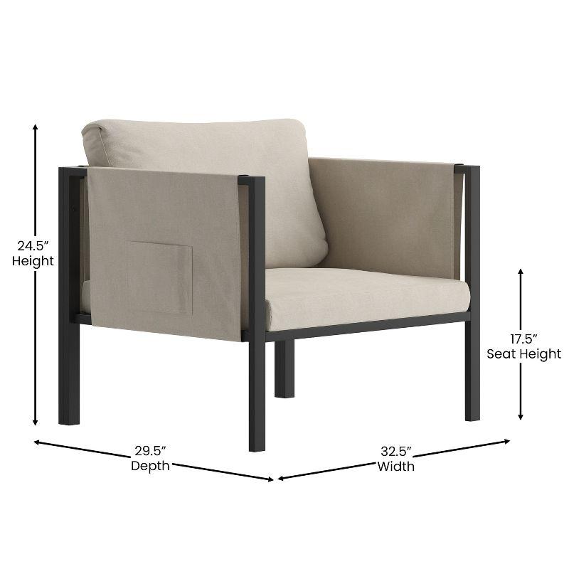 Flash Furniture Lea Indoor/Outdoor Patio Chair with Cushions - Modern Steel Framed Chair with Storage Pockets, Black with Beige Cushions