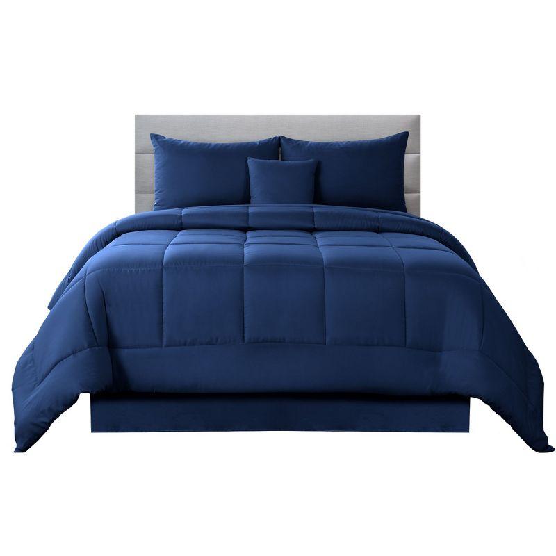Queen Comforter Set 5Pc Down Alternative Ultra Soft Solid Comforters with Shams, Decorative Pillow & Bed Skirt - Navy