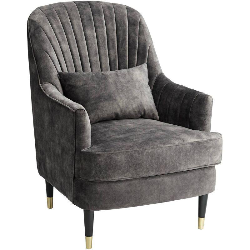 Charcoal Gray Velvet Handcrafted Accent Chair with Lumbar Pillow