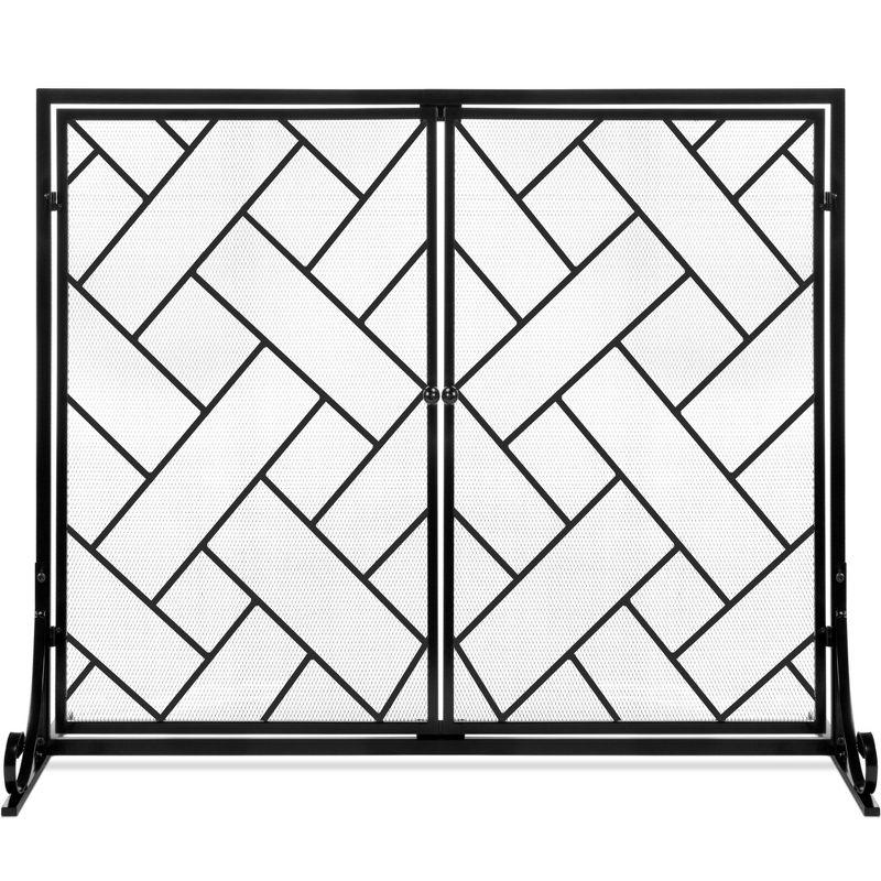 Black Wrought Iron Geometric Fireplace Screen with Magnetic Doors