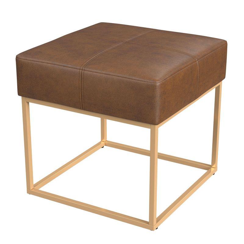 HomePop Small Square Metal Faux Leather Ottoman Brown: Upholstered, MDF & Plywood Frame, 17.5" Height