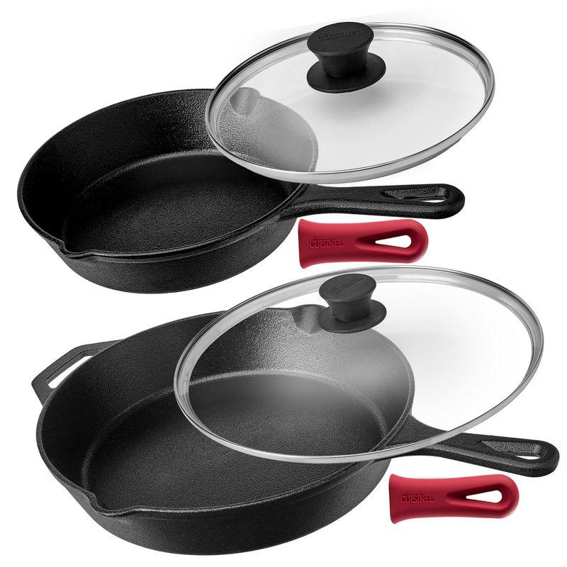 Cuisinel Black Cast Iron Skillet Set with Glass Lids