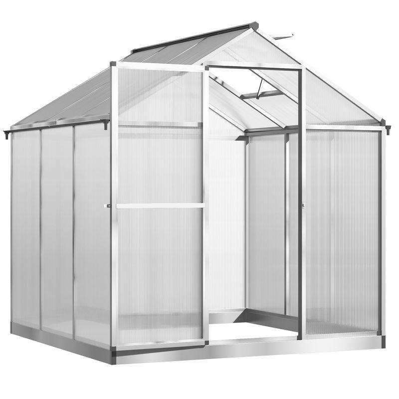 Outsunny Walk-In Polycarbonate Greenhouse with Roof Vent for Ventilation & Rain Gutter, Hobby Greenhouse for Winter