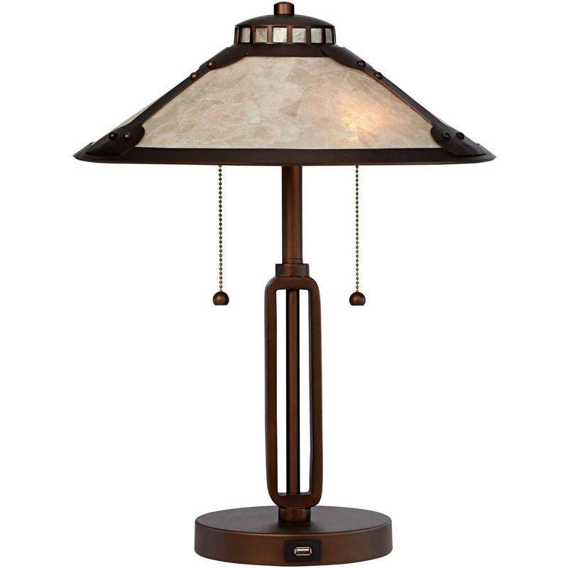 Franklin Iron Works Samuel Industrial Desk Lamp 20" High Rubbed Bronze with USB Charging Port Natural Mica Shade for Bedroom Living Room Bedside Desk