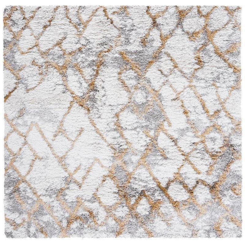 Ivory and Gold Abstract Shag 3' x 3' Square Rug