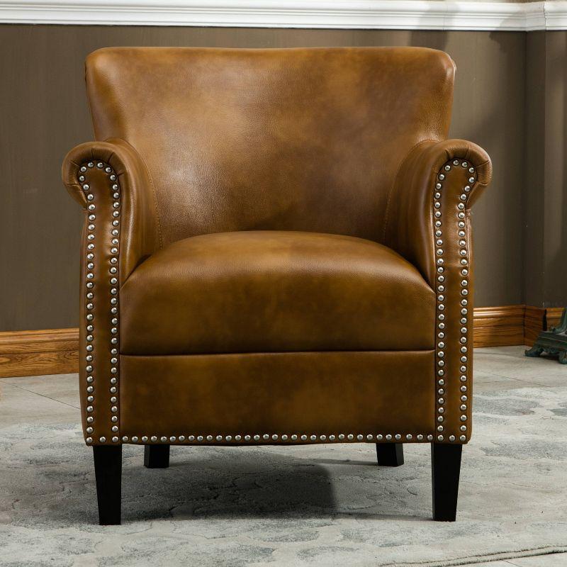 Comfort Pointe Holly Club Chair Camel: Upholstered Nailhead Trim, Faux Leather, Sturdy Wood Frame