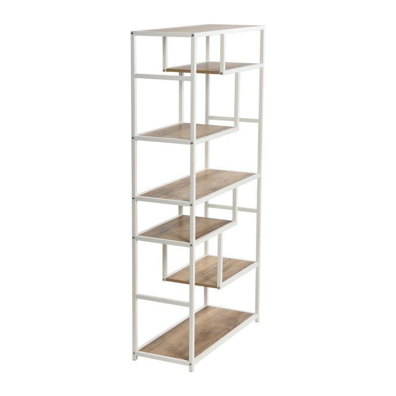 Household Essentials Jamestown Tall 6 Shelf Open Storage Bookshelf Coastal Oak Rustic Wood Grain and White Metal