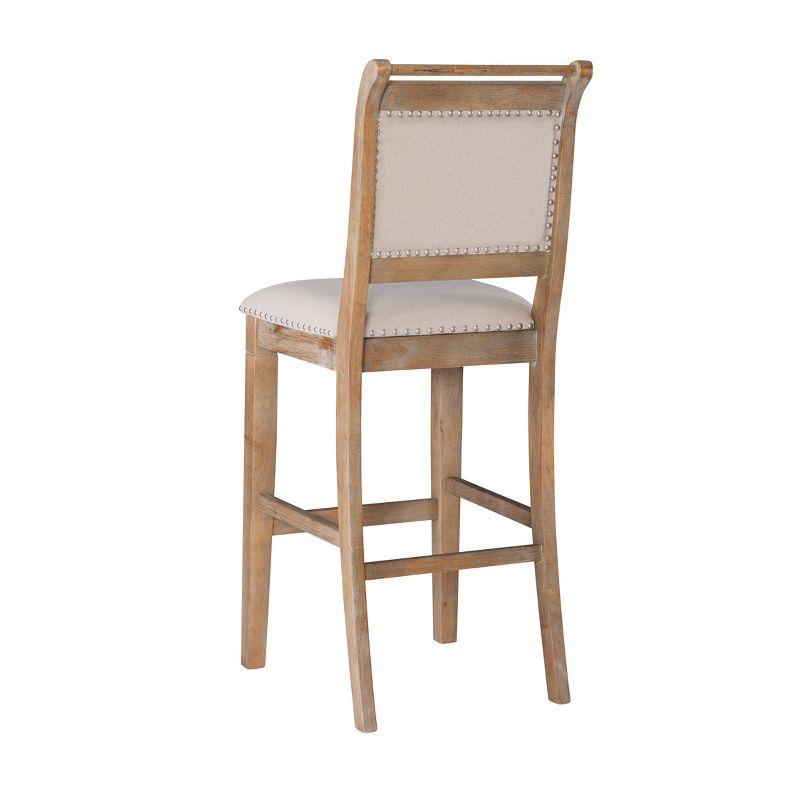Emmy Padded Back Nailhead Barstool Natural - Linon: 30" Height, Rustic Wash, Upholstered, Footrest