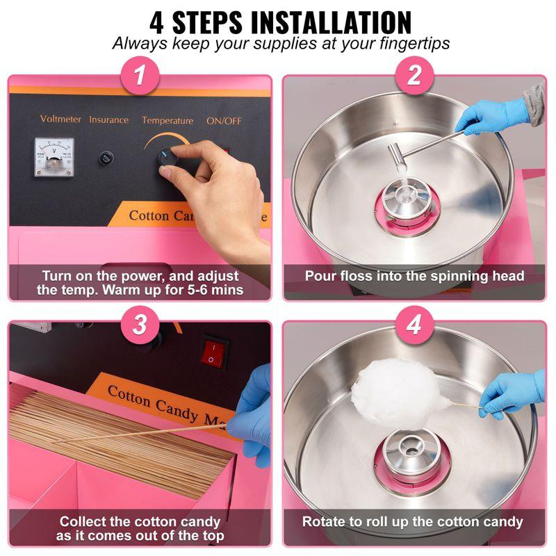 VEVOR Electric Cotton Candy Machine with Cart, 1000W Commercial Floss Maker with Stainless Steel Bowl, Sugar Scoop and Drawer, Pink