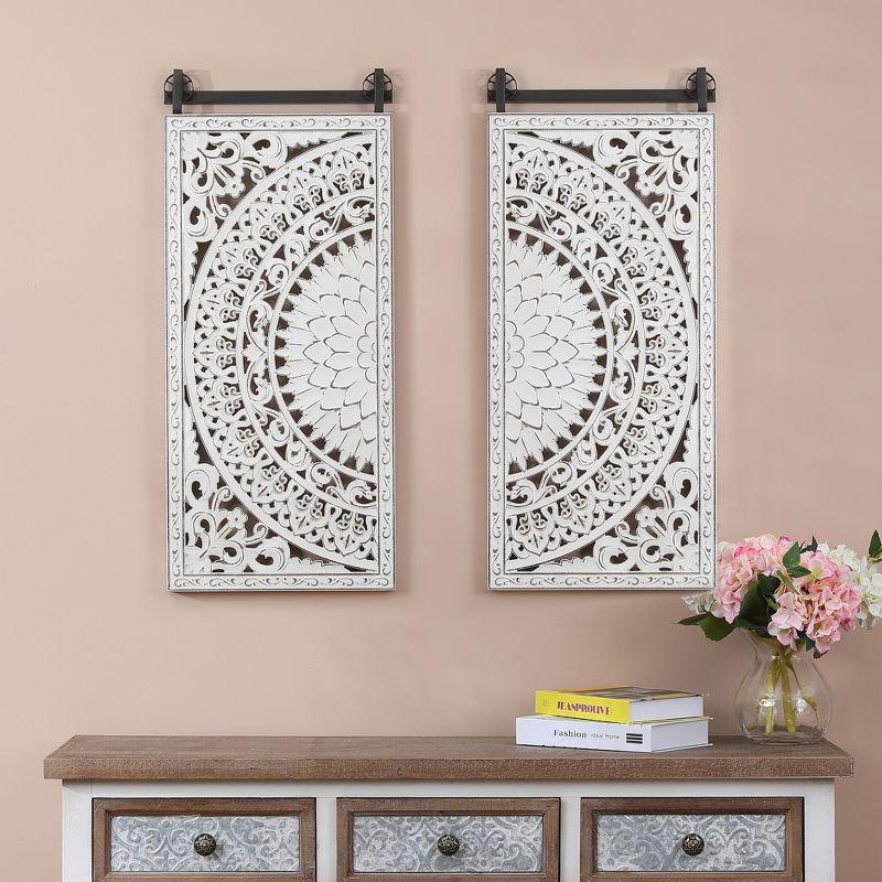 LuxenHome Set of 2 Distressed Ivory White Wood Flower Wall Decor Wall Art Off-White