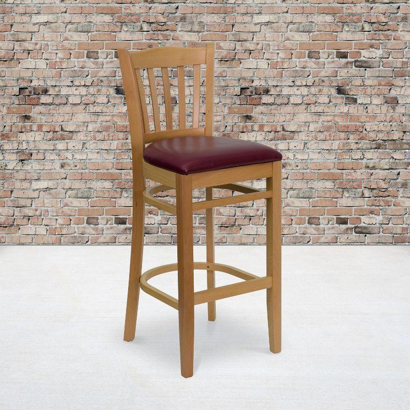 Natural Wood Barstool with Burgundy Vinyl Seat