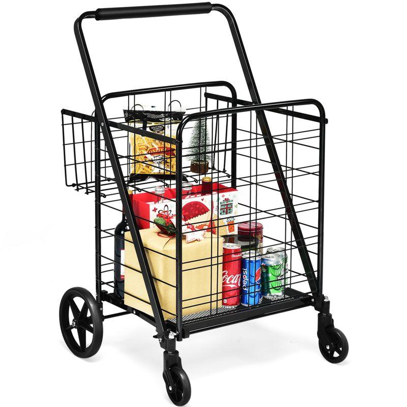 Folding Shopping Cart Jumbo Double Basket Grocery Cart with Wheels Black Silver