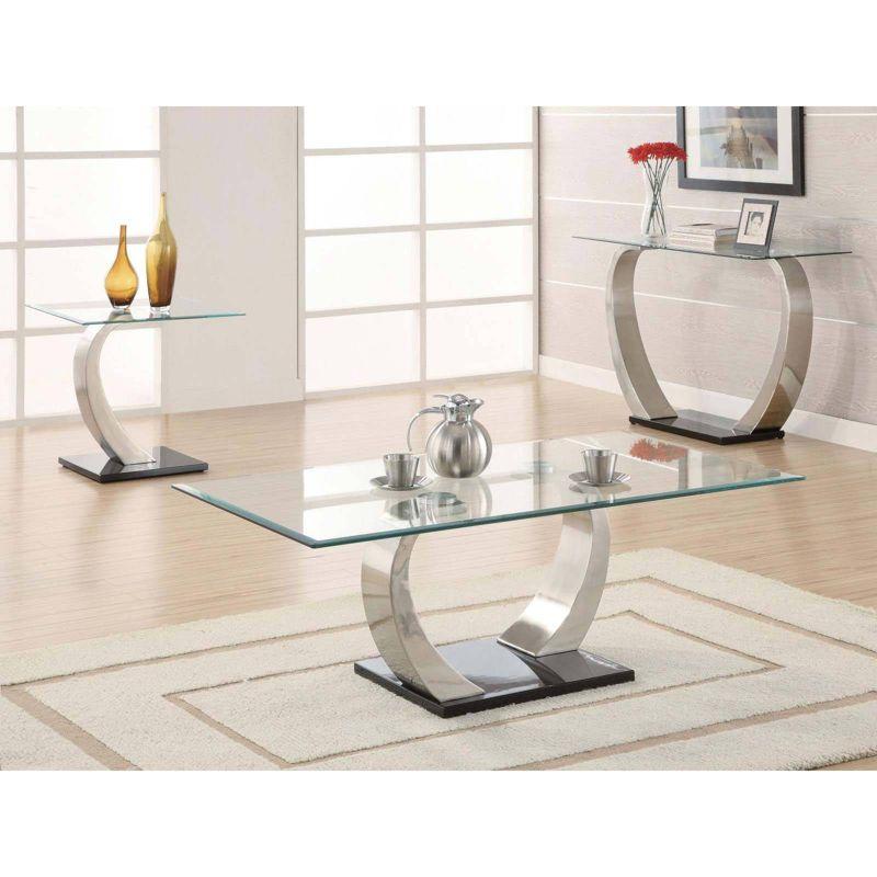 Modern Satin Metal and Glass Sofa Table with Storage