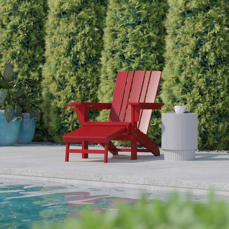 Flash Furniture Halifax HDPE Adirondack Chair with Cup Holder and Pull Out Ottoman, All-Weather HDPE Indoor/Outdoor Lounge Chair in Red