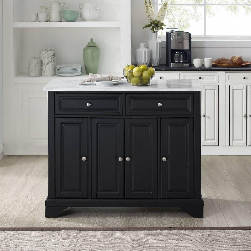 Crosley 42" Avery Kitchen Island/Cart Distressed Black/White Marble: Traditional Style, 6 Shelves, 2 Drawers, Locking Wheels