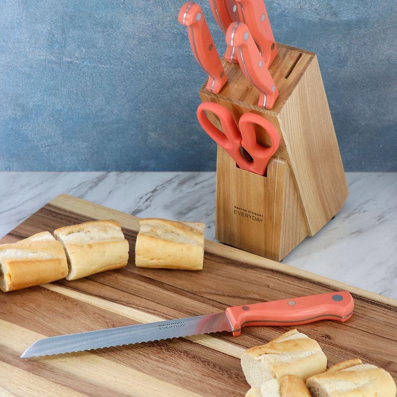 Martha Stewart Everyday Keswick 7 Piece Stainless Steel Cutlery and Wood Block Set in Coral