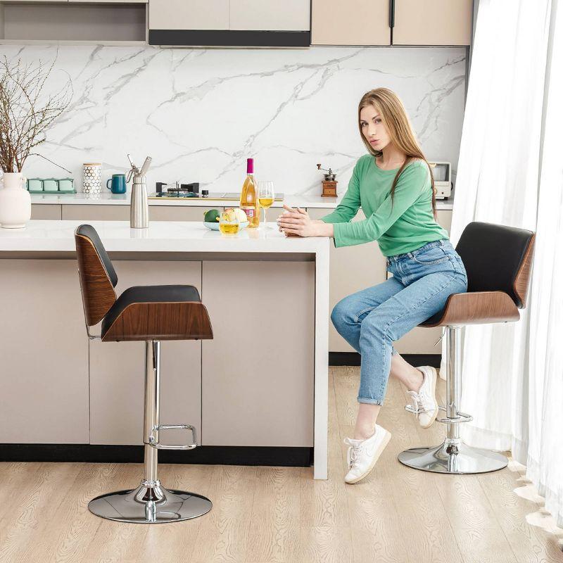 Set of 2 Leatherette Adjustable Height Swivel Bar Stools Chrome Plated Base Black - Glitzhome: Mid-Century, Curved Back, Pneumatic