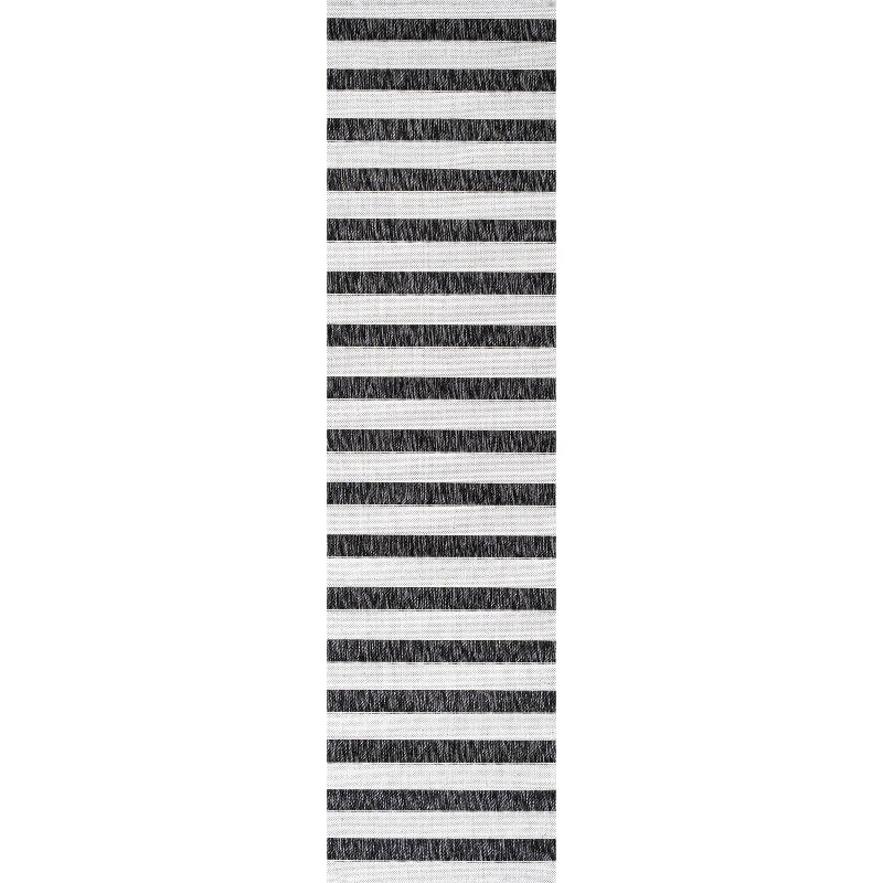 2'x8' Aveiro Wide Stripe Indoor/Outdoor Runner Rug, Black/Cream - JONATHAN Y